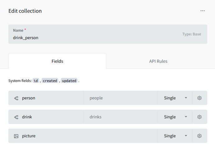 screenshot of the pocketbase collection edit screen for the drink_person pivot table